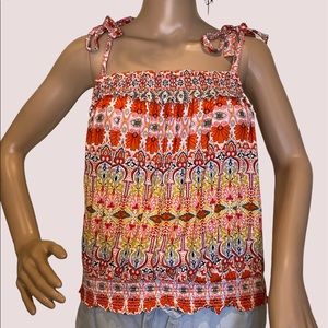 Rachel Zoe Shoulder Strap Tie Floral Smocked Tank Top Shirt Size Small NWT